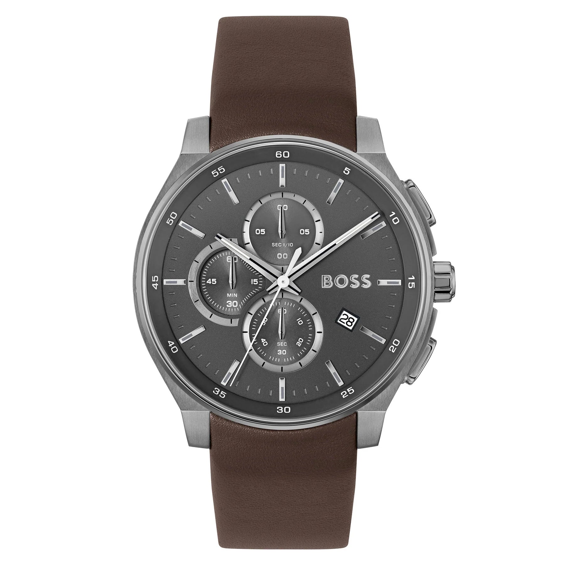 men’s casual analog wristwatch-Boss Brown Leather Grey Dial Chronograph Men's Watch - 1514187