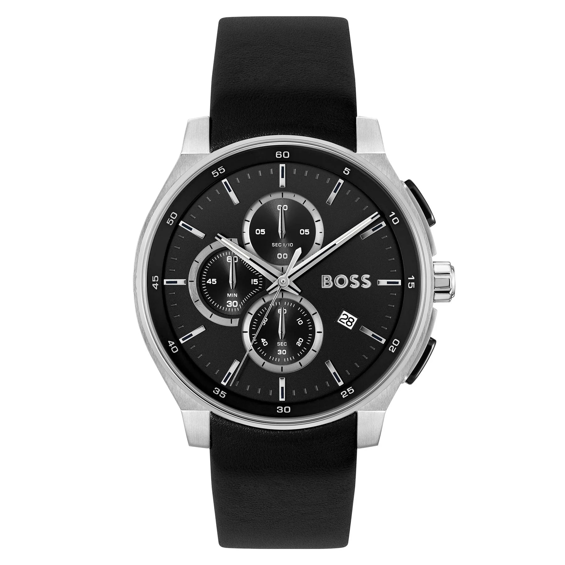 luxury smartwatch with fitness tracking-Boss Leather Black Dial Chronograph Men's Watch - 1514188