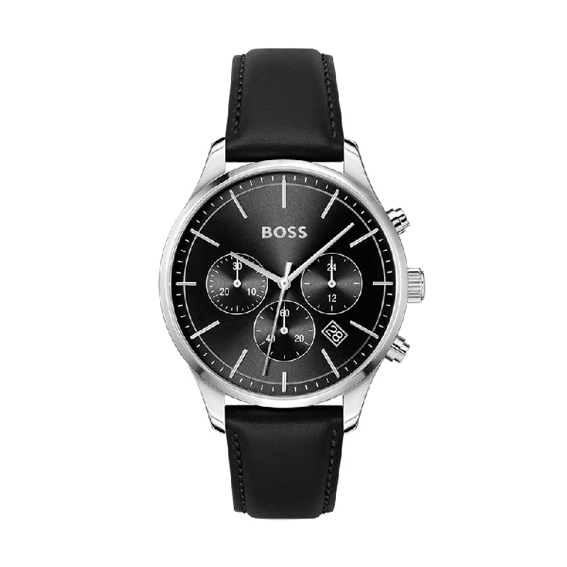 stylish men’s digital watch with heart rate-Boss Leather Black Dial Chronograph Men's Watch - 1514211