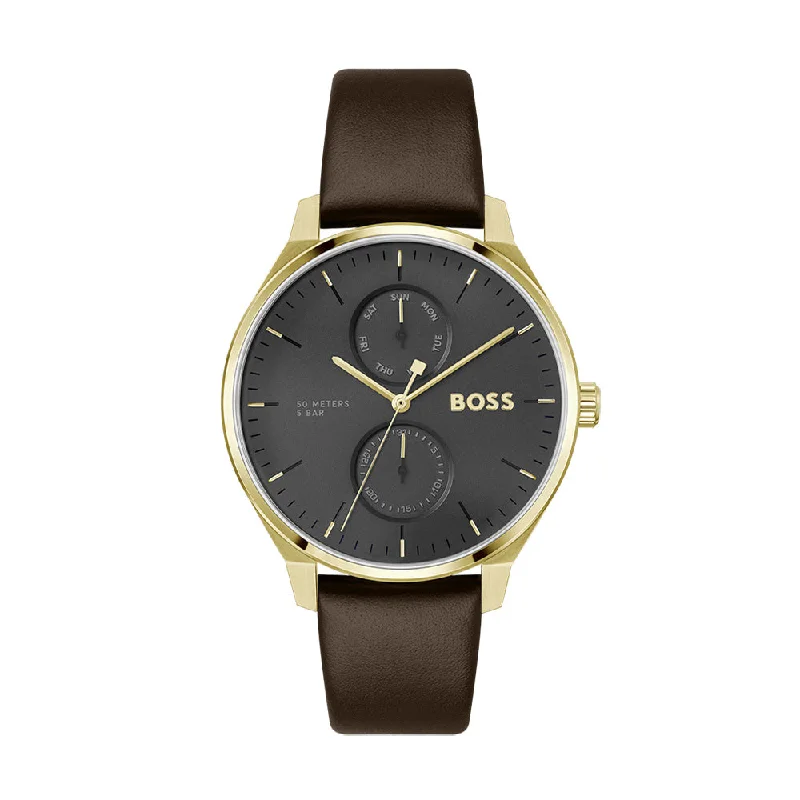 advanced smartwatch with advanced tracking-Boss Leather Black Dial Chronograph Men's Watch - 1514214