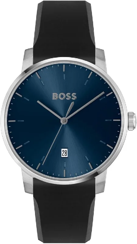 smartwatch with voice assistant integration-Boss  Men Quartz Blue Dial Leather Watch 1514131