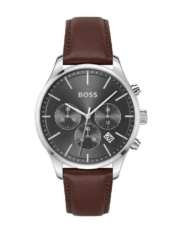 men’s ceramic bezel luxury watch-Boss  Men Quartz Grey Dial Leather Watch 1514155