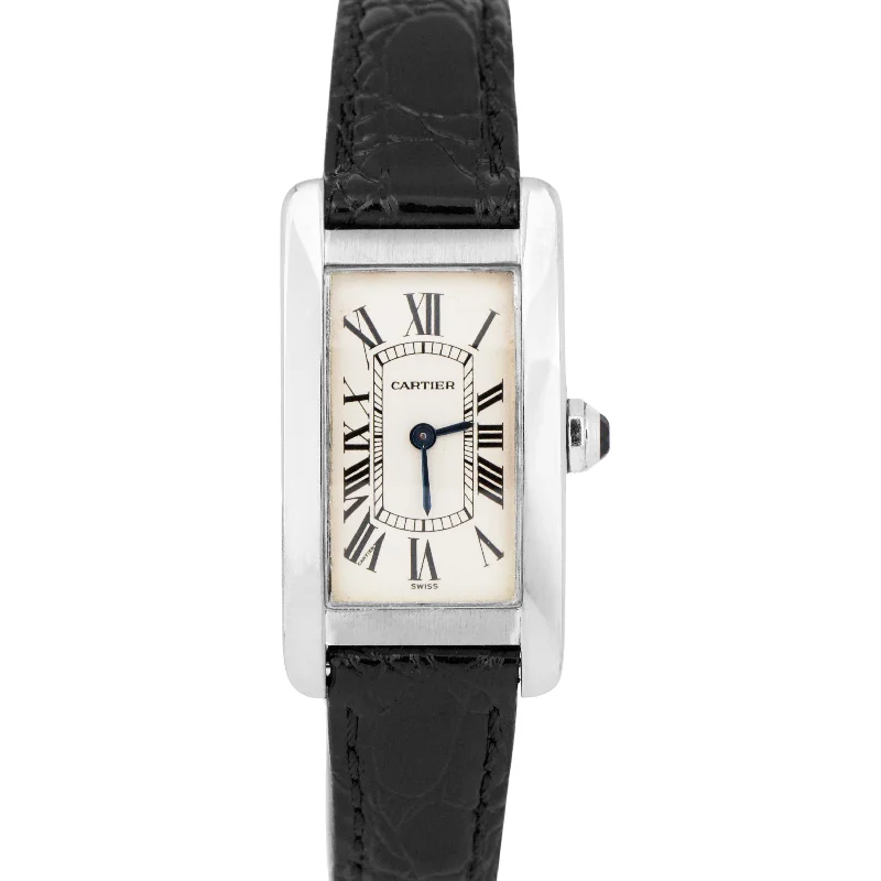 men’s stylish ceramic watch-Cartier Tank Americaine 18k White Gold 18x35mm Ivory Leather Quartz 1713 Watch