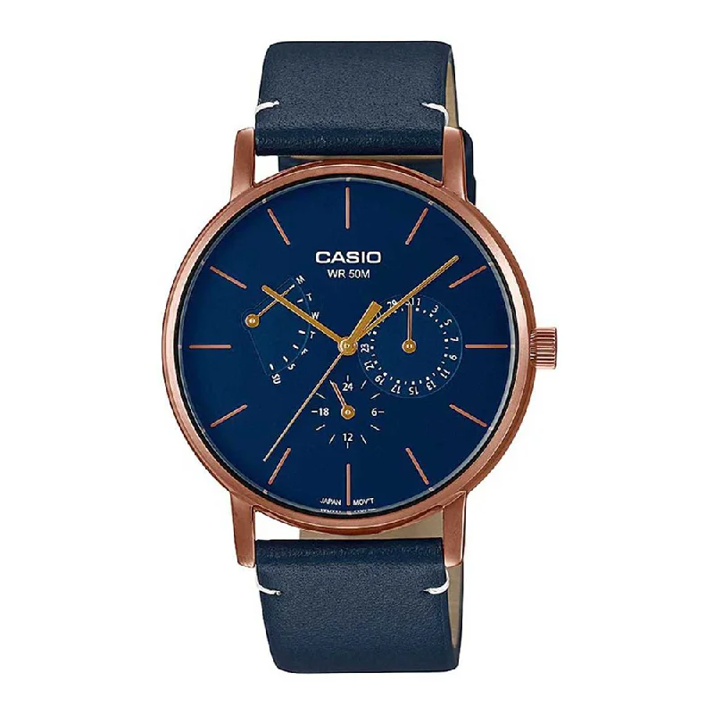 digital wristwatch with fitness stats-Casio Mens Enticer Blue Dial Leather Analogue Watch - A1844