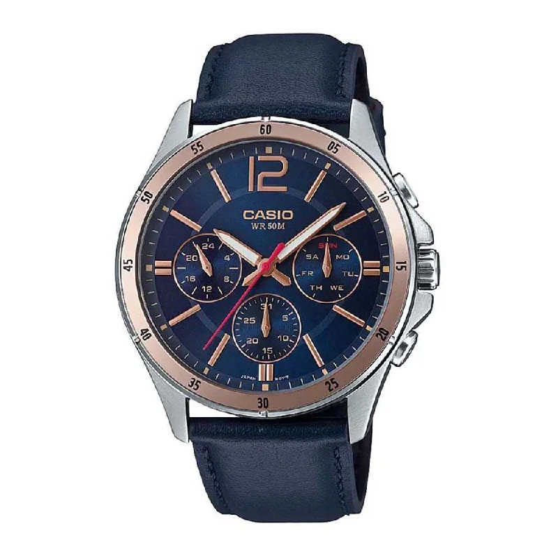 high-tech fitness smartwatch with sleep tracker-Casio Mens Enticer Blue Dial Leather Multi-Function Watch - A1747