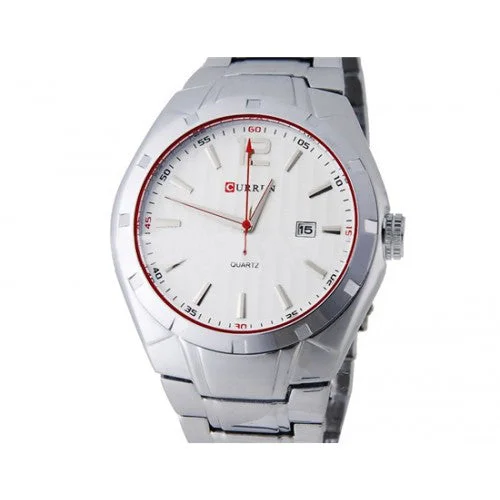 solar-powered watch for outdoor activities-Curren Men's Stainless Steel Watch with Red Accents (White 4.5cm Dial) - CUR023