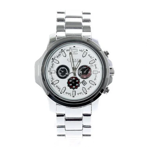 smartwatch with voice call function-Curren Men's Stainless Steel Waterproof Chronograph (White 4.5cm Dial) - CUR026