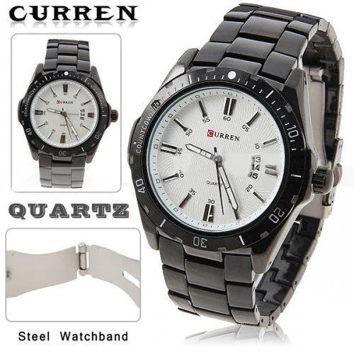 men’s smart casual quartz watch-Curren Quartz Men's Black Stainless Steel Waterproof Watch (White 4.4cm Dial) - CUR083