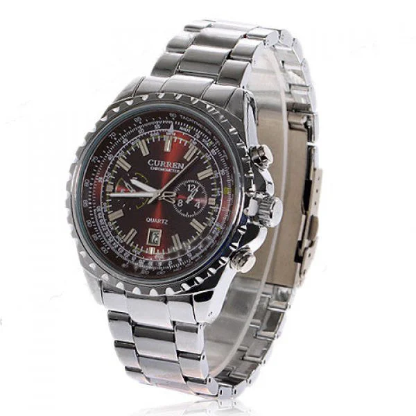 digital wristwatch with fitness stats-Curren Quartz Men's Stainless Steel Chronograph (Black/Red 4.5cm Dial) - CUR102