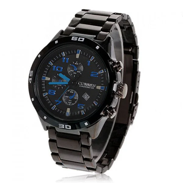 smartwatch with health insights and tips-Curren Quartz Men's Black Stainless Steel Waterproof Chronograph with Cobalt Markings (Black 4.5cm Dial) - CUR104