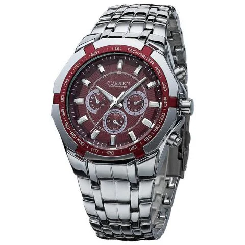 smartwatch with remote camera shutter-Curren Men's Stainless Steel Waterproof (Red 4.4cm Dial) - CUR118