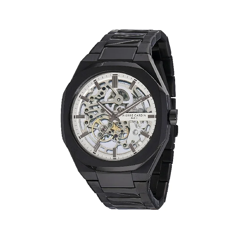 sports watch with fitness data synchronization-Élysée Automatique Men’s 42mm Skeleton Watch - Black Case with Black Metal Strap