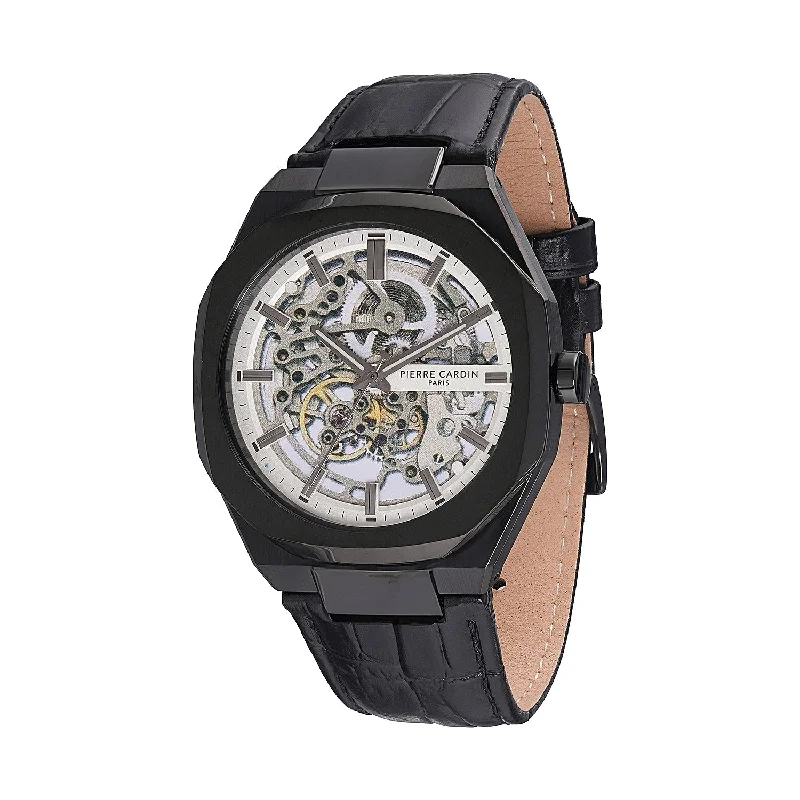 classic automatic wristwatch for men-Élysée Automatique Men’s 42mm Skeleton Watch - Black Case with Silver Skeleton Dial and Black Leather Strap