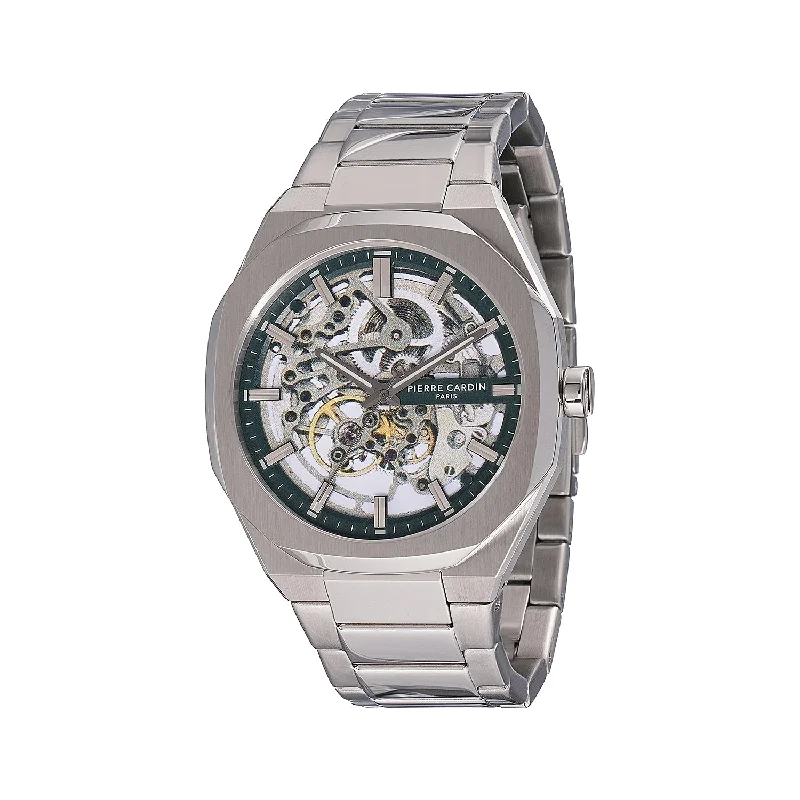 classic men’s automatic chronograph watch-Élysée Automatique Men’s 42mm Skeleton Watch - Silver Case with Green Skeleton Dial and Silver Metal Strap