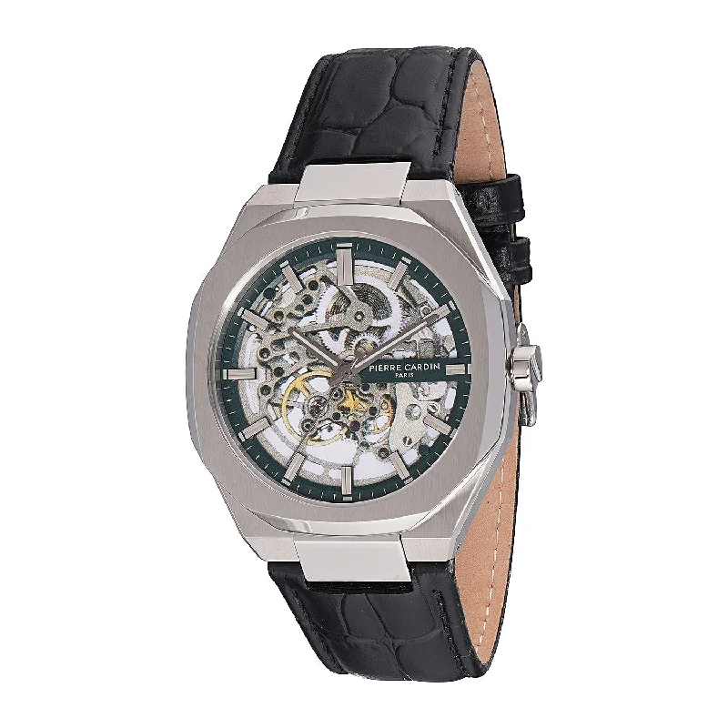 men’s dress watch with leather band-Élysée Automatique Men’s 42mm Stainless Steel Watch - Green Dial with Black Leather Strap