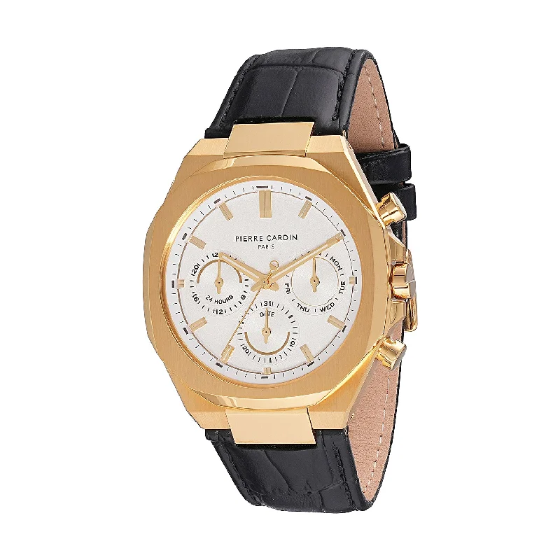 men’s luxury leather strap wristwatch-Élysée Vogue Men’s 42mm Gold Stainless Steel Watch - Silver White Dial with Black Leather Strap