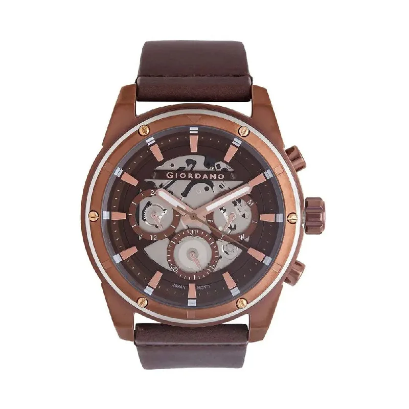 smartwatch with long battery life-Giordano Mens Two Tone Dial Leather Multi-Function Watch - GD-1051-03