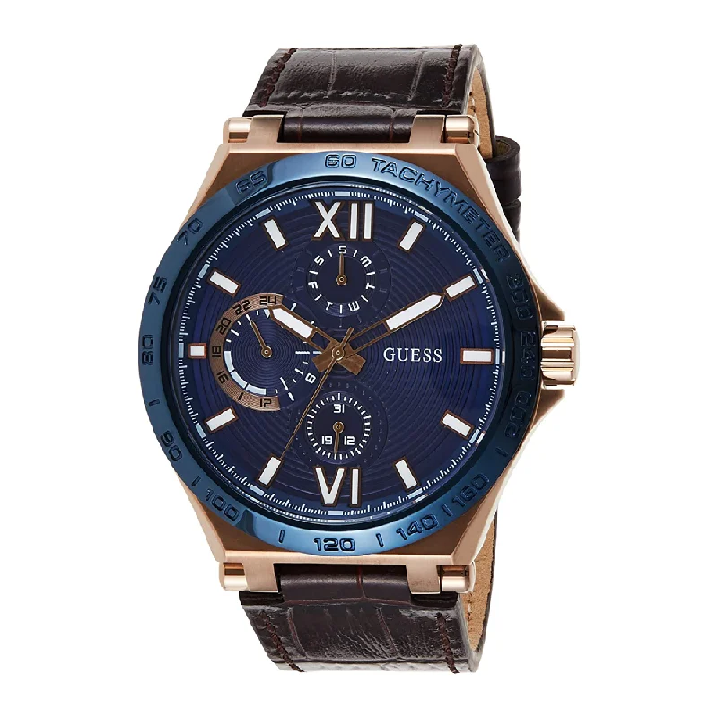 waterproof sport watch for athletes-Guess RENEGADE Blue Dial Genuine Leather Analogue Mens Watch - GW0204G2