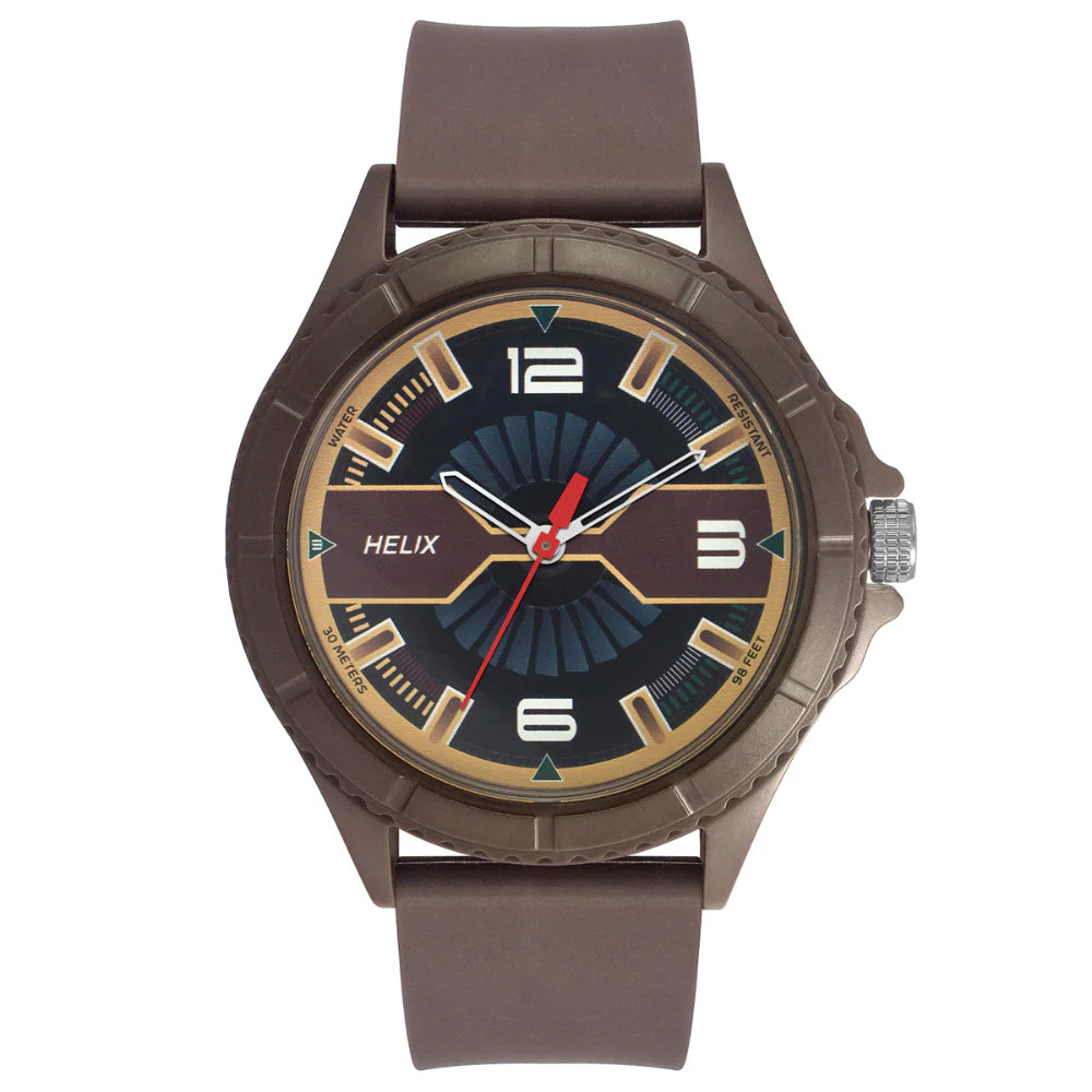 outdoor adventure smartwatch for hiking-Helix By Timex Black/Brown Round Analog Silicone Watch Men -TW033HG19