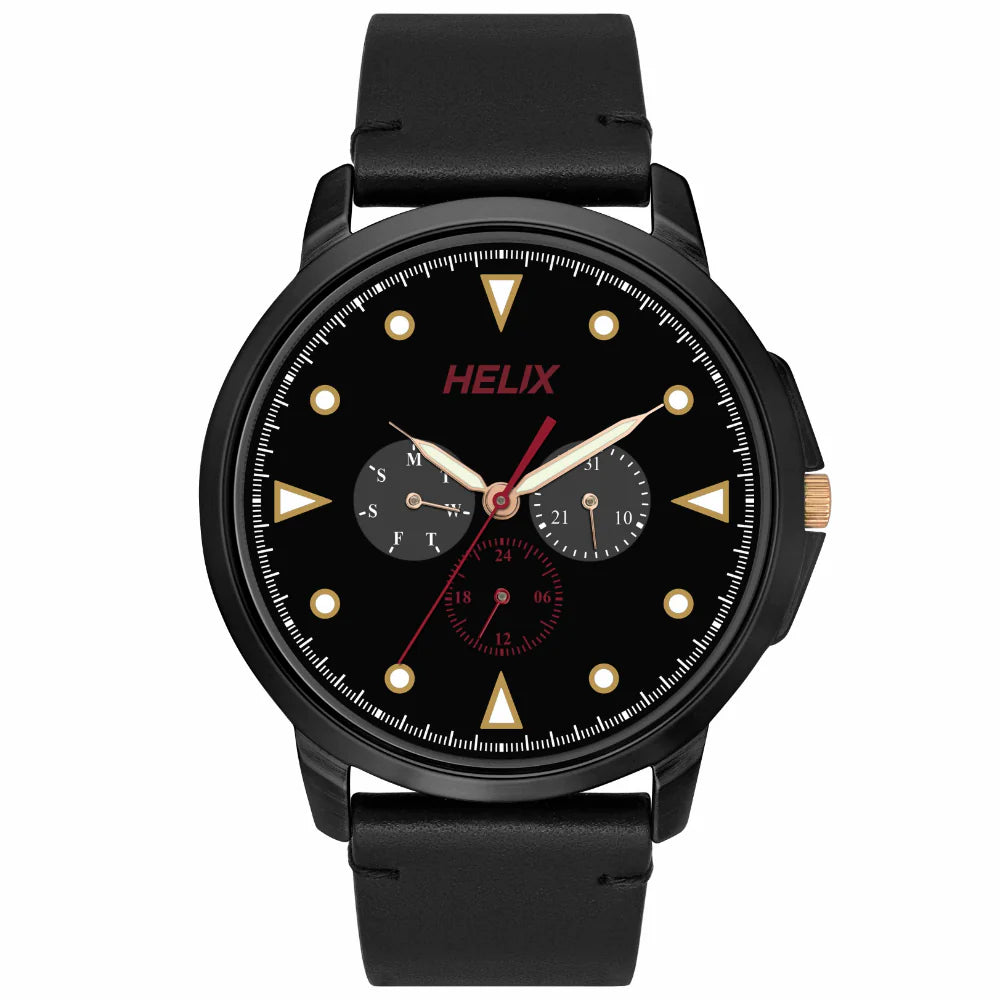 men’s diving wristwatch with rotating bezel-Helix By Timex Black Round Analog Leather Watch Men -TW027HG36