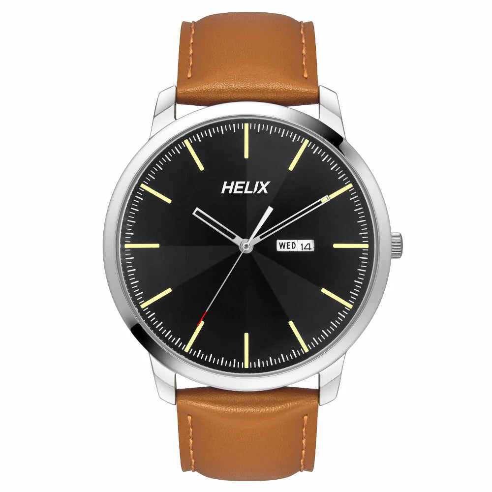 hybrid smartwatch with step tracking-Helix By Timex Black Round Analog Leather Watch Men -TW039HG12