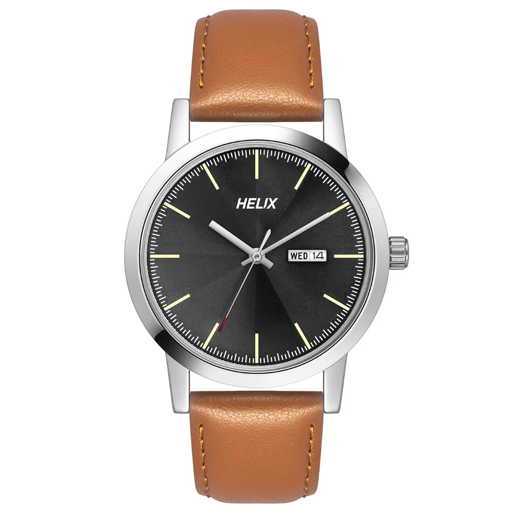 men’s ceramic bezel luxury watch-Helix By Timex Black Round Analog Leather Watch Men -TW047HG00