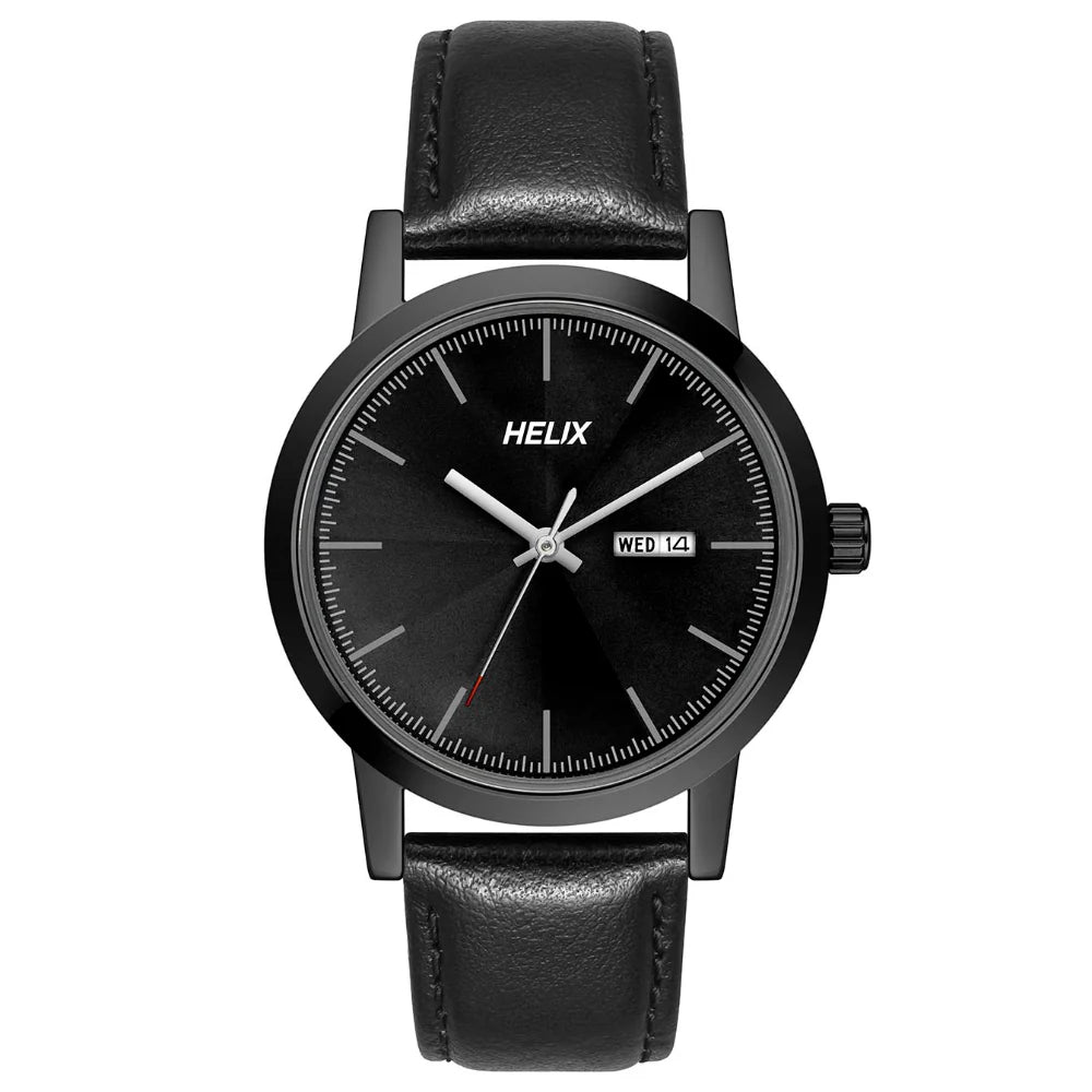 men’s casual analog wristwatch-Helix By Timex Black Round Analog Leather Watch Men -TW047HG03