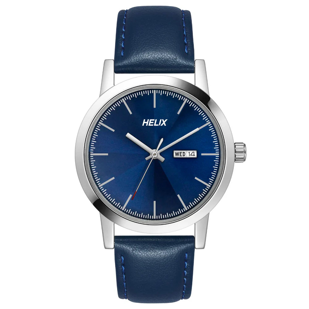 solar-powered diving wristwatch-Helix By Timex Blue Round Analog Leather Watch Men -TW047HG01