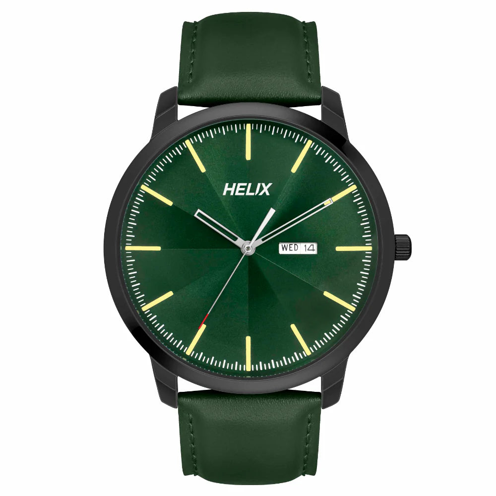 men’s rugged digital chronograph watch-Helix By Timex Green Round Analog Leather Watch Men -TW039HG16