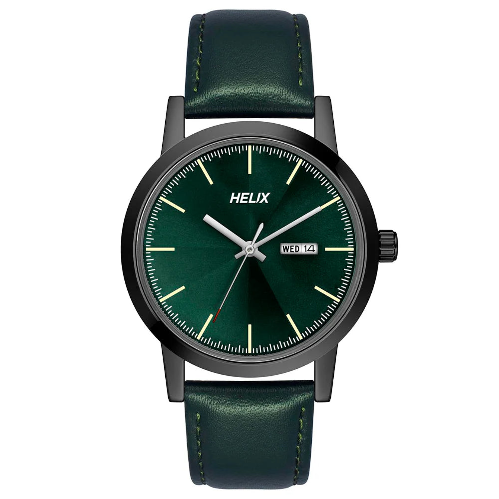 men’s high-end leather strap wristwatch-Helix By Timex Green Round Analog Leather Watch Men -TW047HG04