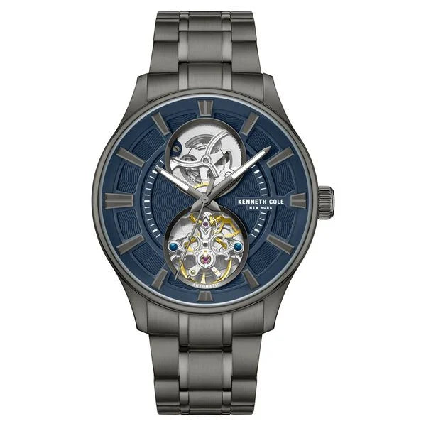 men’s luxury sports chronograph watch-Kenneth Cole Automatic Blue Dial With Grey Stainless Steel Strap Watch For Men kcwgy0049803mn