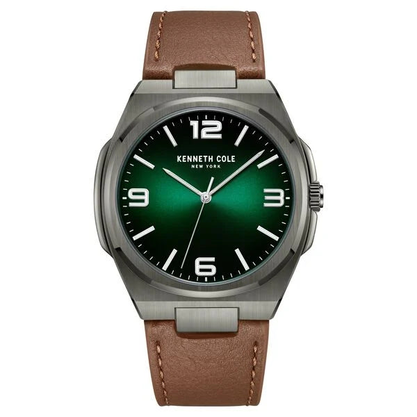 men’s stylish ceramic watch-Kenneth Cole Quartz Analog Green Dial Brown Leather Strap Watch for Men kcwga0015202mn