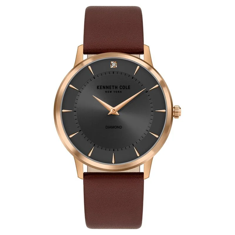 men’s sport wristwatch with GPS-Kenneth Cole Quartz Analog Grey Dial Leather Strap Watch For Men