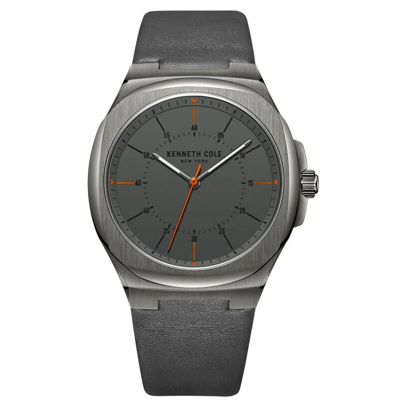 men’s casual analog wristwatch-Kenneth Cole Quartz Analog Grey Dial Leather Strap Watch For Men