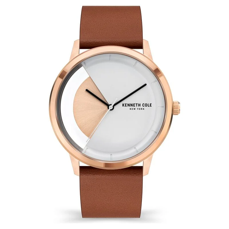 men’s high-end leather strap wristwatch-Kenneth Cole Quartz Analog Rose Gold Dial Leather Strap Watch For Men