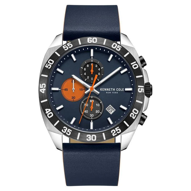 classic men’s automatic movement watch-Kenneth Cole Quartz Chronograph Blue Dial Leather Strap Watch For Men