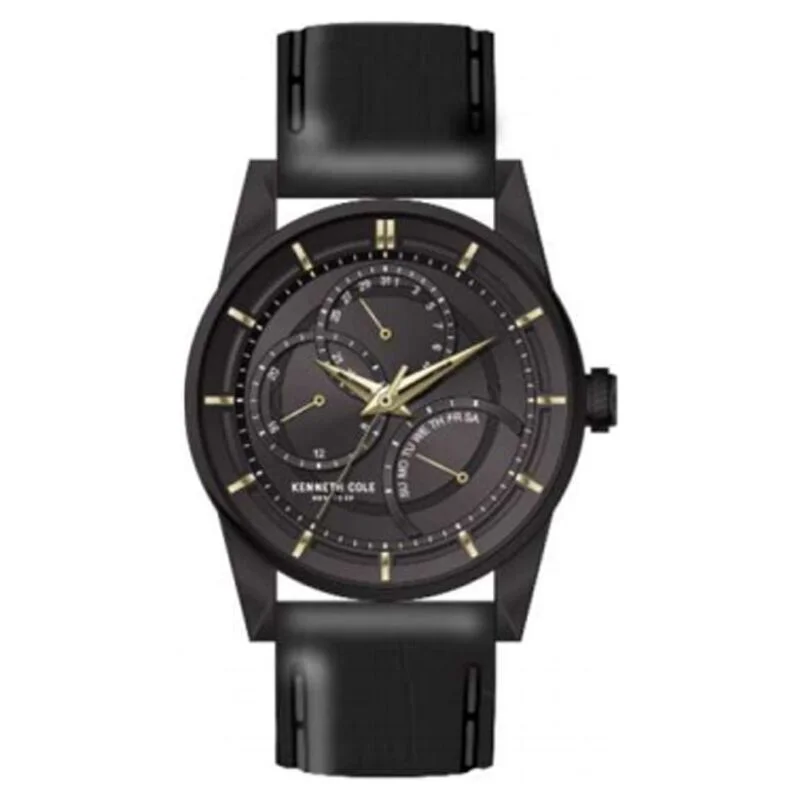 smartwatch with guided workouts and tracking-Kenneth Cole Quartz Multifunction Black Dial Leather Strap Watch For Men