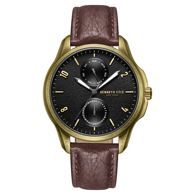 men’s diving wristwatch with rotating bezel-Kenneth Cole Quartz Multifunction Brown Dial Leather Strap Watch For Men