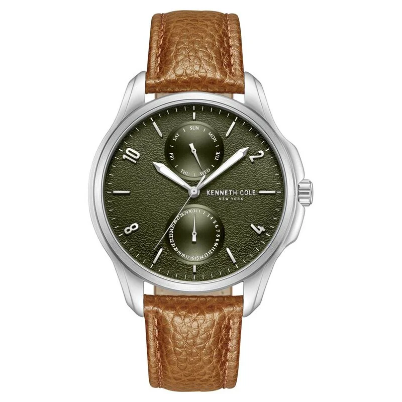 men’s smart fitness wristwatch with heart rate-Kenneth Cole Quartz Multifunction Green Dial Leather Strap Watch For Men