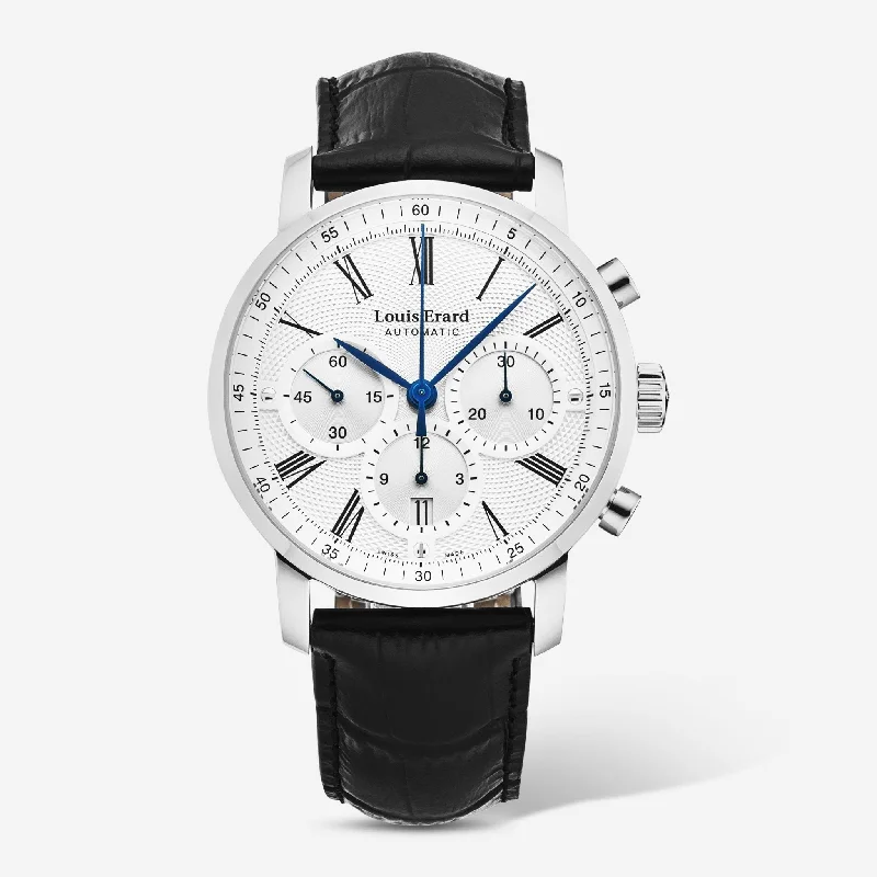 luxury men’s watch with leather band-Louis Erard Excellence Chronograph Silver Dial Black Leather Strap Men's Automatic Watch 71231AA31.BDC51