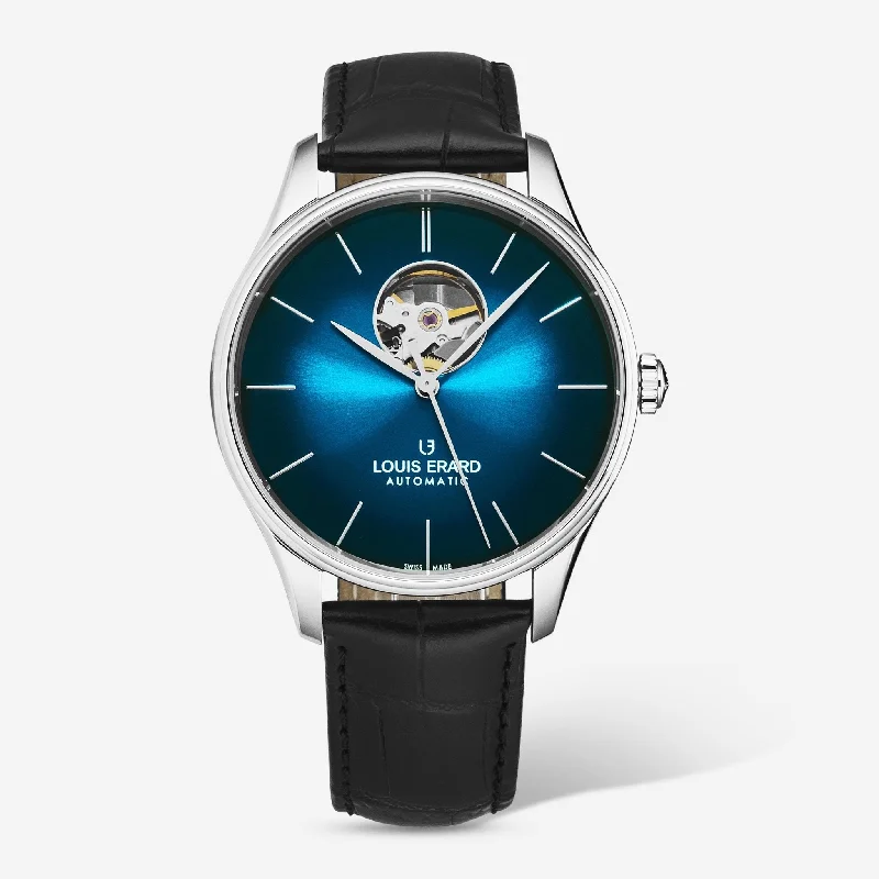 men’s wristwatch with sapphire crystal-Louis Erard Heritage Blue/Black Dial Black Leather Strap Men's Automatic Watch 60287AA85.BAAC82