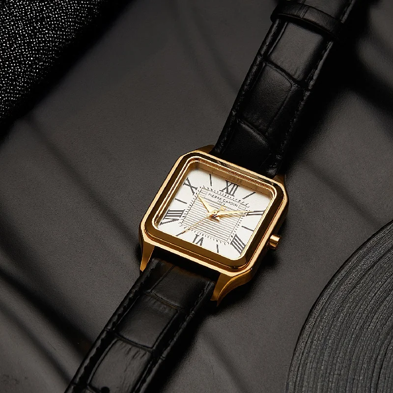 luxury men’s watch with leather band-Ménilmontant Carré Men’s Square Watch - Gold Case, Silver Dial with Black Leather Strap