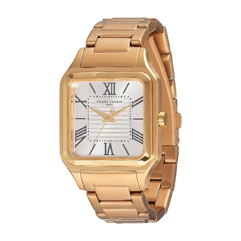 ultra-durable outdoor sports watch-Ménilmontant Carré Men’s Square Watch - Gold Case, Silver White Dial with Gold Metal Strap