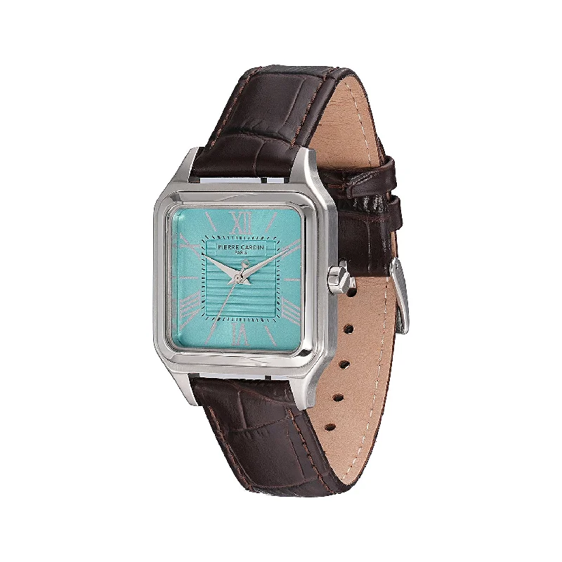 smartwatch with sleep cycle tracking-Ménilmontant Carré Men’s Square Watch - Silver Case, Tiffany Blue Dial with Brown Leather Strap