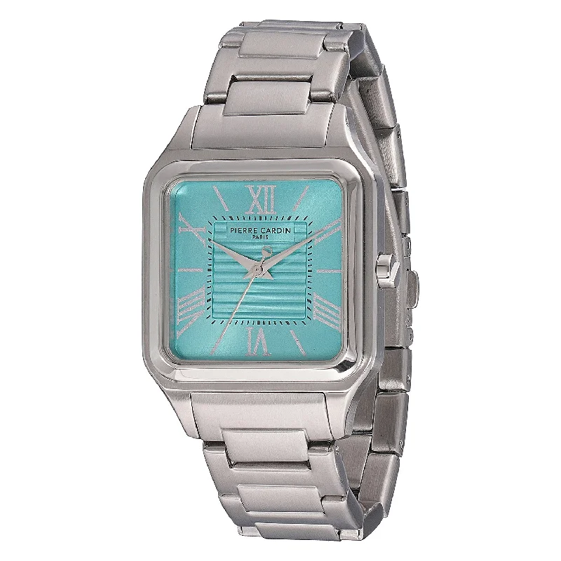 smartwatch with customizable watch faces-Ménilmontant Carré Men’s Square Watch - Silver Case, Tiffany Blue Dial with Silver Metal Strap