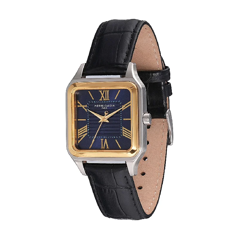 men’s luxury sports chronograph watch-Ménilmontant Carré Men’s Square Watch - Two-Tone Gold & Silver Case, Blue Dial with Black Leather Strap