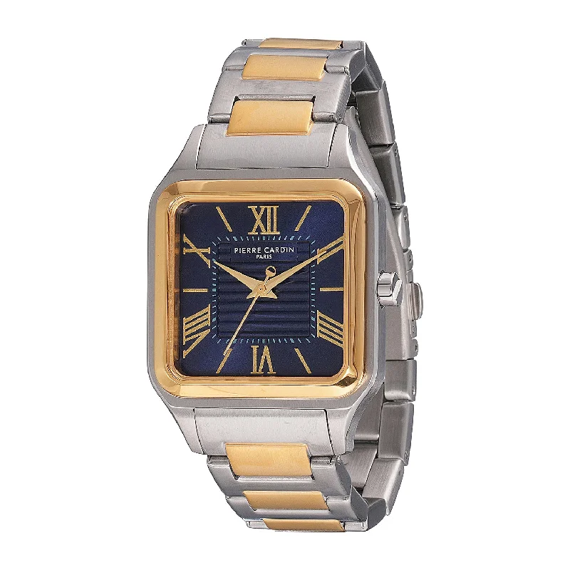 smartwatch with advanced pedometer-Ménilmontant Carré Men’s Square Watch - Two-Tone Gold & Silver Case, Blue Dial with Two-Tone Gold & Silver Strap