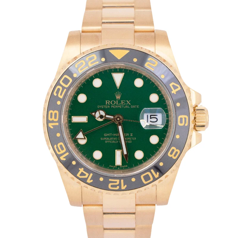 men’s ceramic bezel luxury watch-MINT PAPERS Rolex GMT-Master II GREEN MONEY DIAL 18K Yellow Gold 40mm 116718 BOX