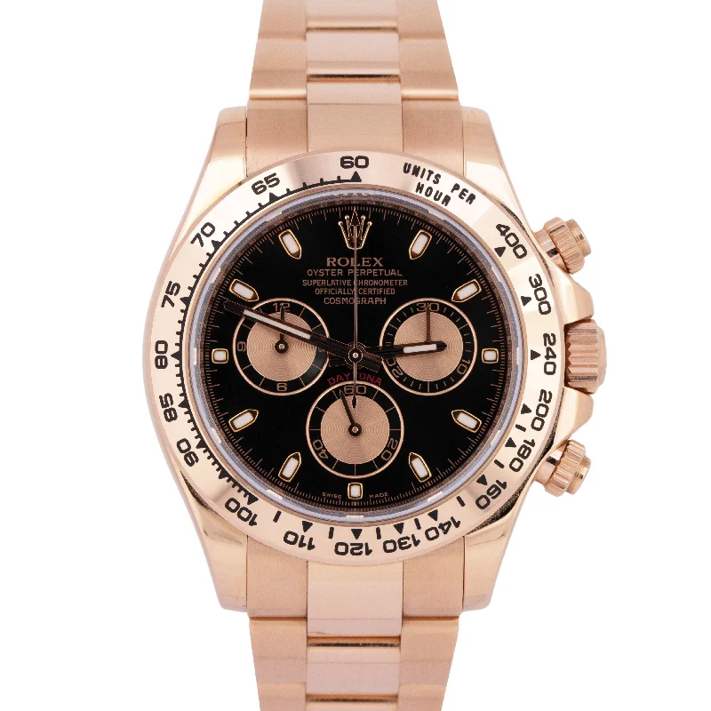 men’s dress watch with leather band-MINT UNPOLISHED PAPERS Rolex Daytona Black 40mm 18K Rose Gold Watch 116505 BOX