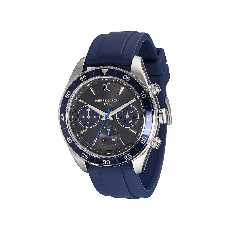 luxury sports wristwatch for men-Nation Cristal Men’s 42mm Multifunction Watch - Silver Case, Black Dial with Blue Panda Eyes, Blue Bezel, and Blue Silicone Strap